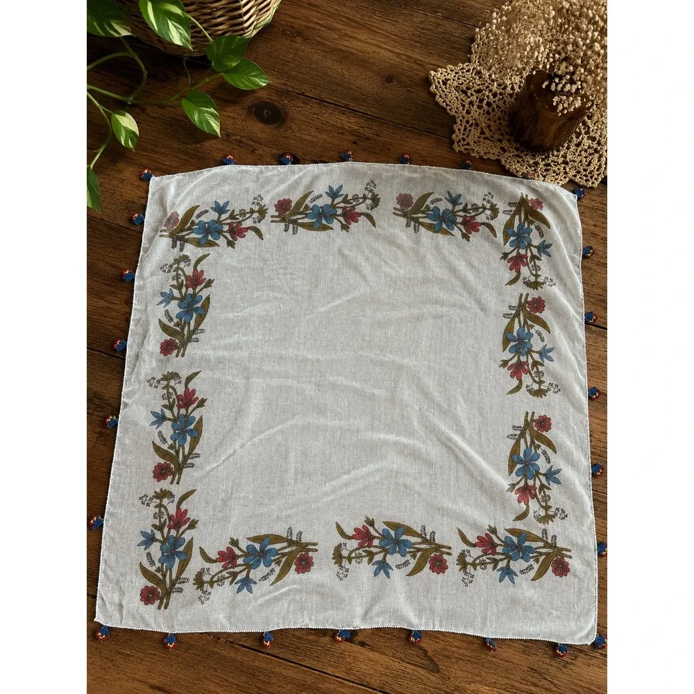 Vintage Floral Square Head Scarf White Sheer Tassel Boho Prarie Cottagecore